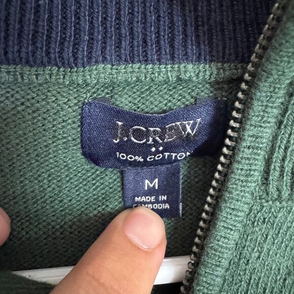 J.Crew Cotton Half-Zip Sweater Mens M Green Pullover Ribbed Trim Zipper BF091 LS - Picture 3 of 7